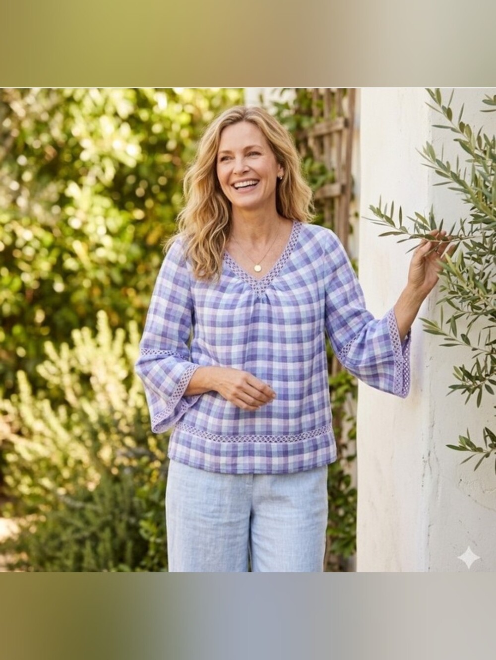100% Linen V-Neck Blouse with Lace Trim